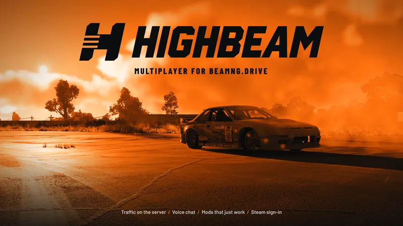HighBeam cover art, wide: a drift car in orange smoke under the logo